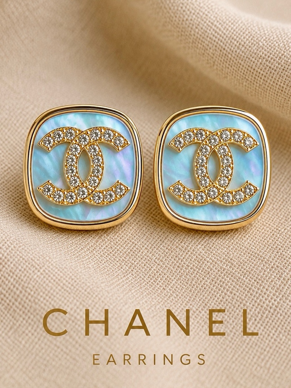 CHANEL Gold-Tone Blue Mother-of-Pearl CC Stud Earrings